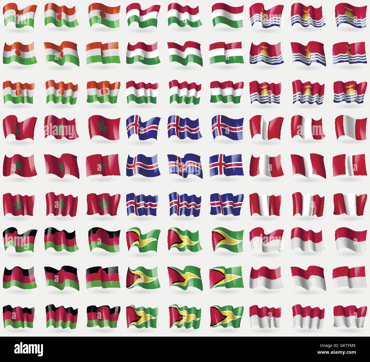 Niger, Ungheria, Kiribati, Marocco, Islanda, Perù, Malawi, Guyana, Indonesia. Grande set di 81 bandiere. Vettore Illustrazione Vettoriale