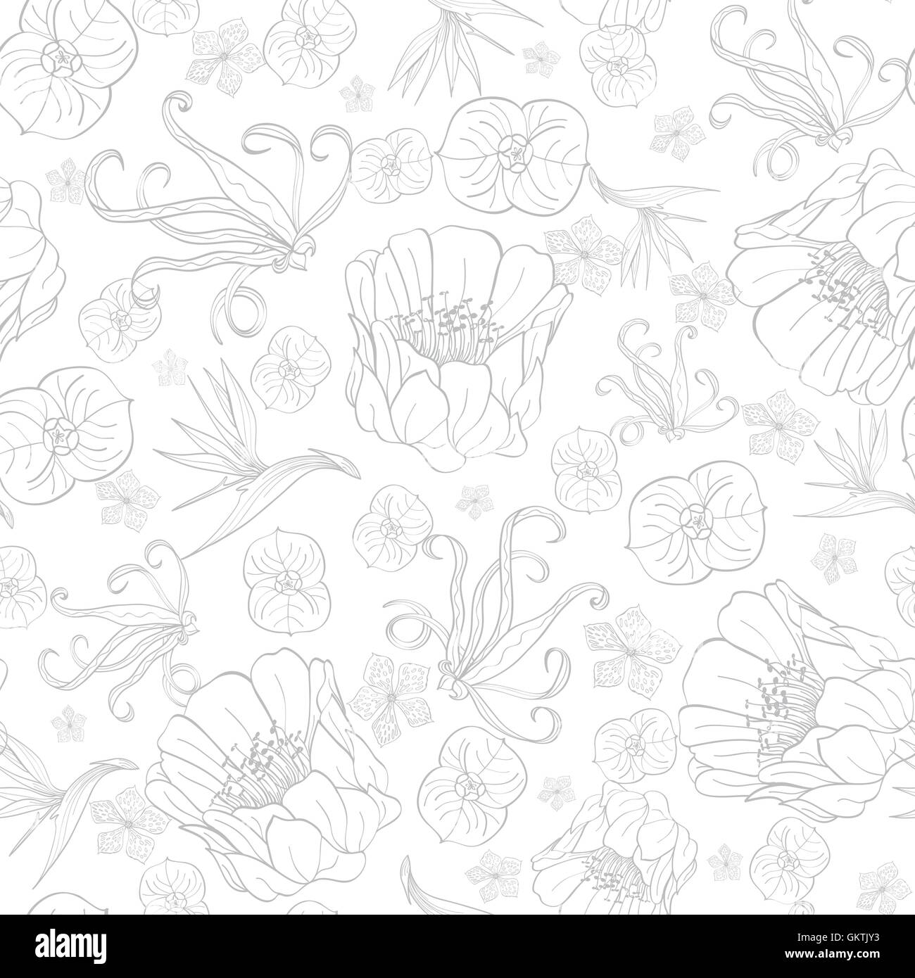 Vettore di disegno grigio fiori tropicali Pattern senza giunture Illustrazione Vettoriale