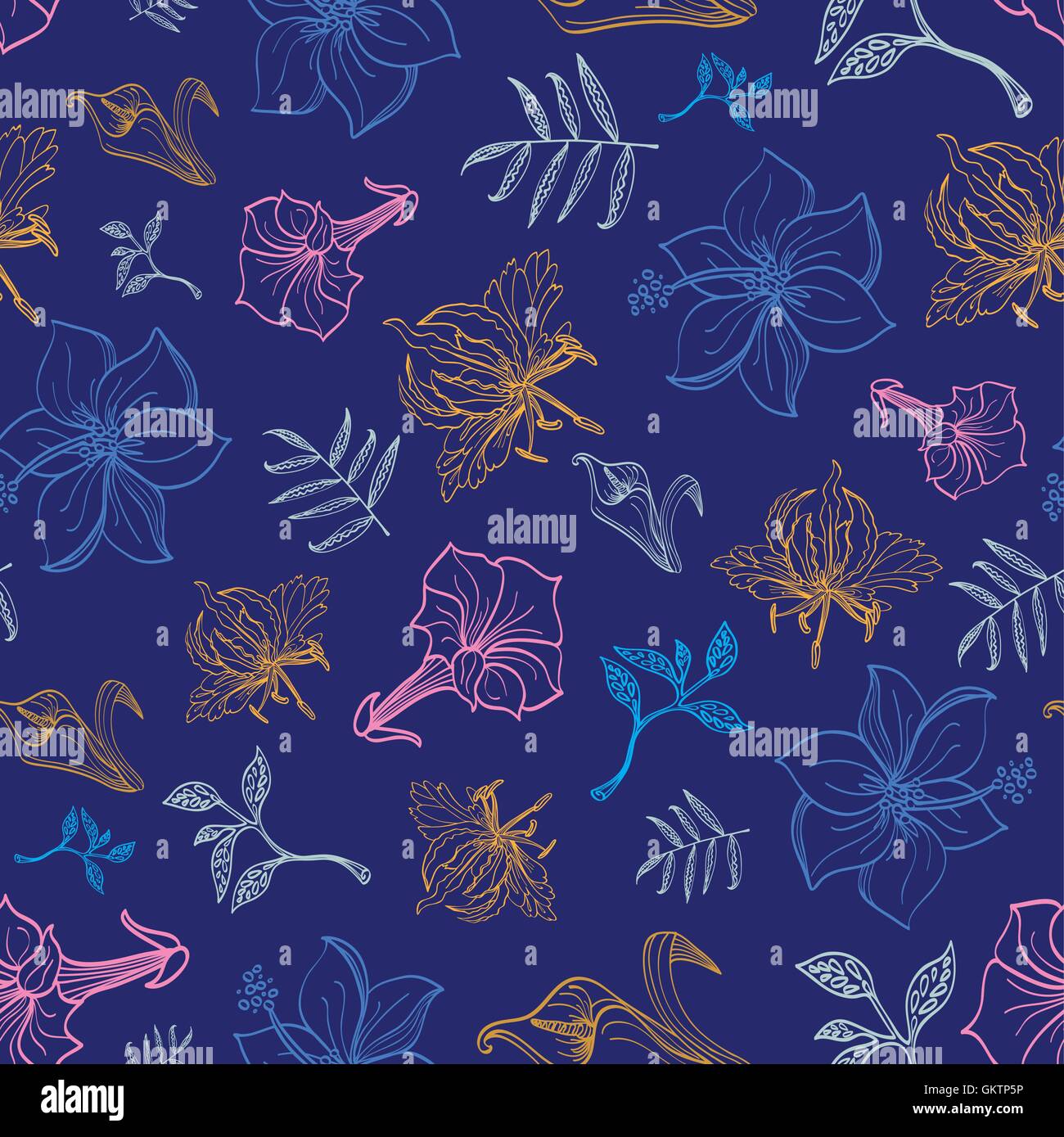 Vettore di notte esotici fiori Lineart Pattern senza giunture Illustrazione Vettoriale