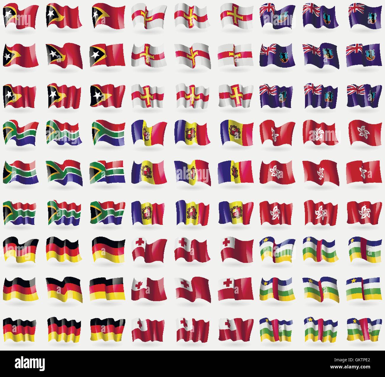 Timor Est, Guernsey, Montserrat, Sud Africa, Andorra, Hong Kong, Germania, Tonga, Repubblica Centrafricana. Grande set di 81 bandiera Illustrazione Vettoriale