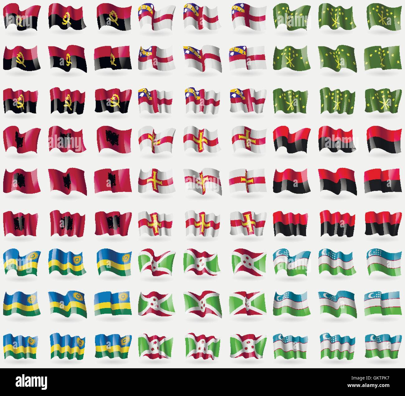 Angola, Herm, Adygea, Albania, Guernsey, UPA, Ruanda, Burundi, Uzbekistan. Grande set di 81 bandiere. Vettore Illustrazione Vettoriale