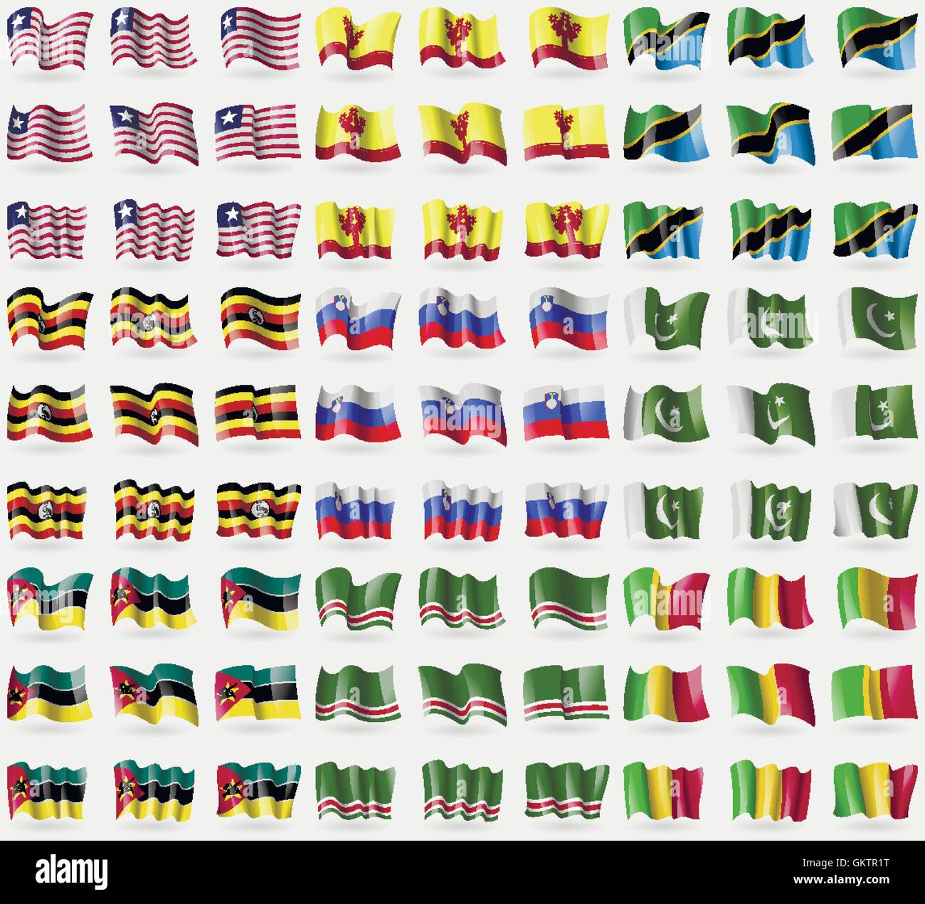 Liberia, Chuvashia, Tanzania, Uganda, Slovenia, il Pakistan, il Mozambico, la Repubblica cecena di Ichkeria, Mali. Grande set di 81 bandiere. Vettore Illustrazione Vettoriale