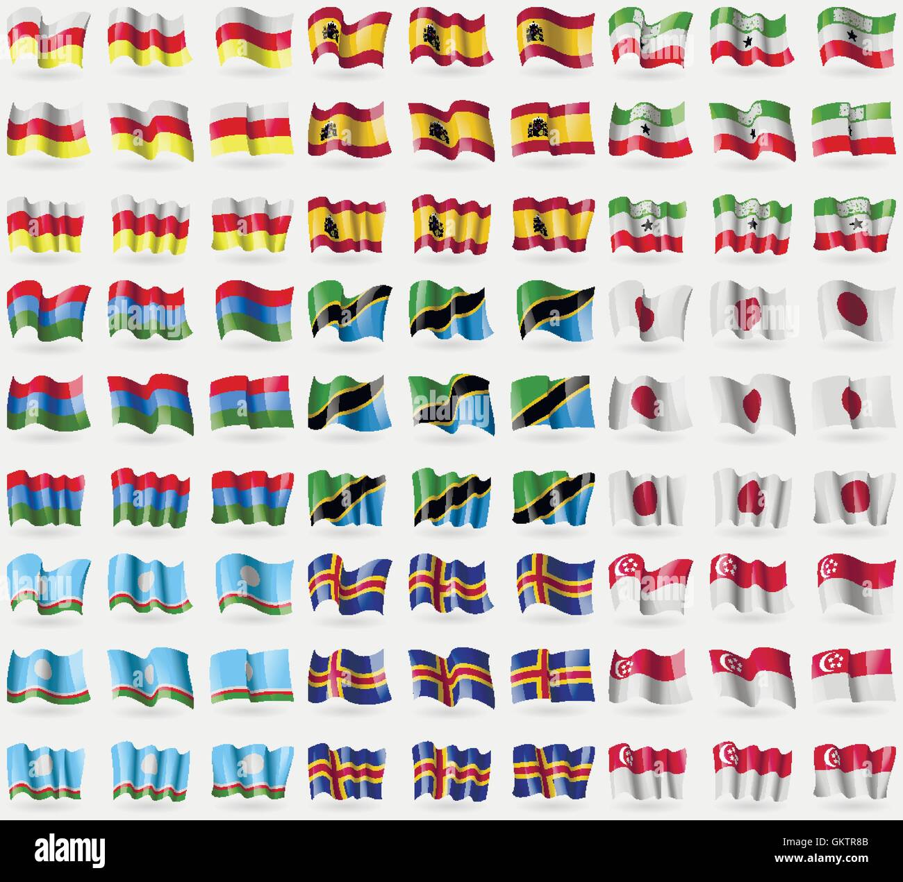 Ossezia del Nord, Spagna, il Somaliland, Carelia, Tanzania, Giappone, Repubblica di Sakha Repubblica, Aland, Singapore. Grande set di 81 bandiere. Vettore Illustrazione Vettoriale