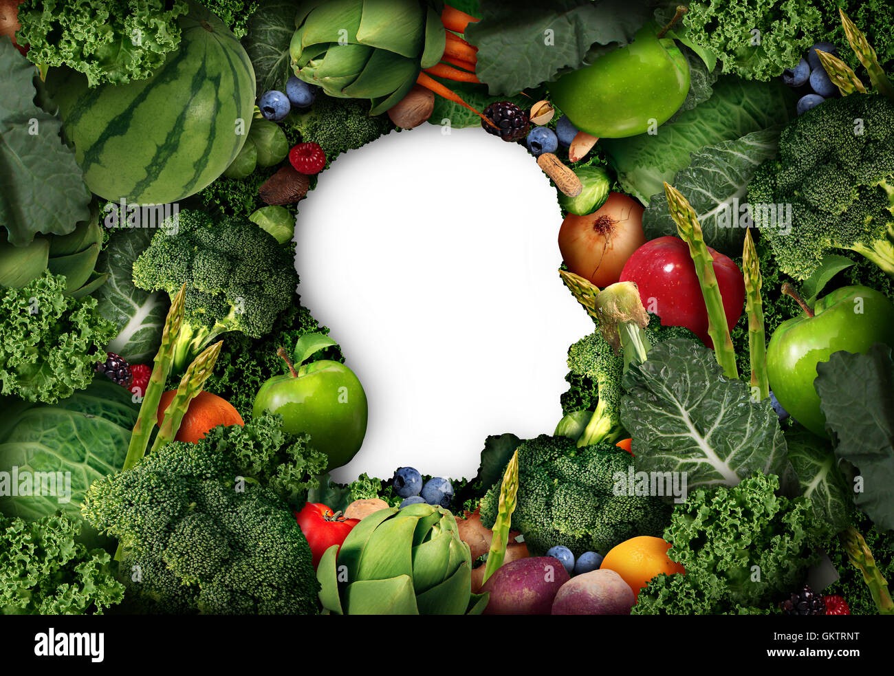 La frutta e la verdura per il pensiero umano dieta sana nozione come azienda prodotti freschi conformata come un simbolo di testa con verdure e sano cibo naturale in un 3D illustrazione dello stile. Foto Stock
