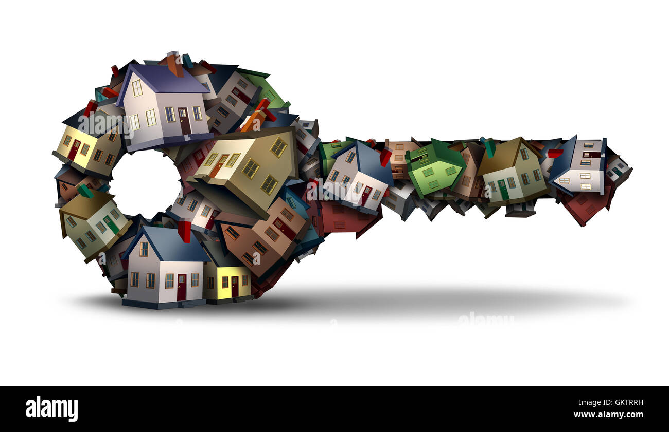 Home concetto chiave e la soluzione di casa simbolo e residence proprietà idea come un gruppo di case famiglia conformata come uno strumento di sicurezza come Foto Stock