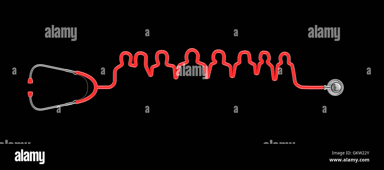 Uno stetoscopio team medico / 3D illustrazione di uno stetoscopio tubo formando un gruppo di persone Foto Stock