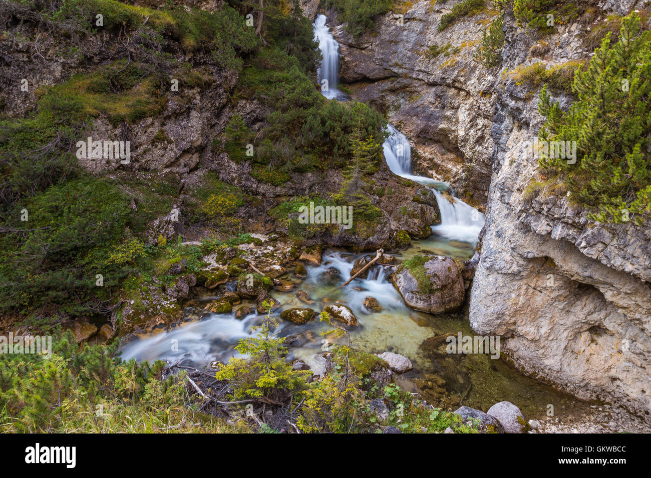 Le cascate di Fanes. Cascate di Fanes. Le Dolomiti di Ampezzo. Alpi Italiane. Eujrope. Foto Stock