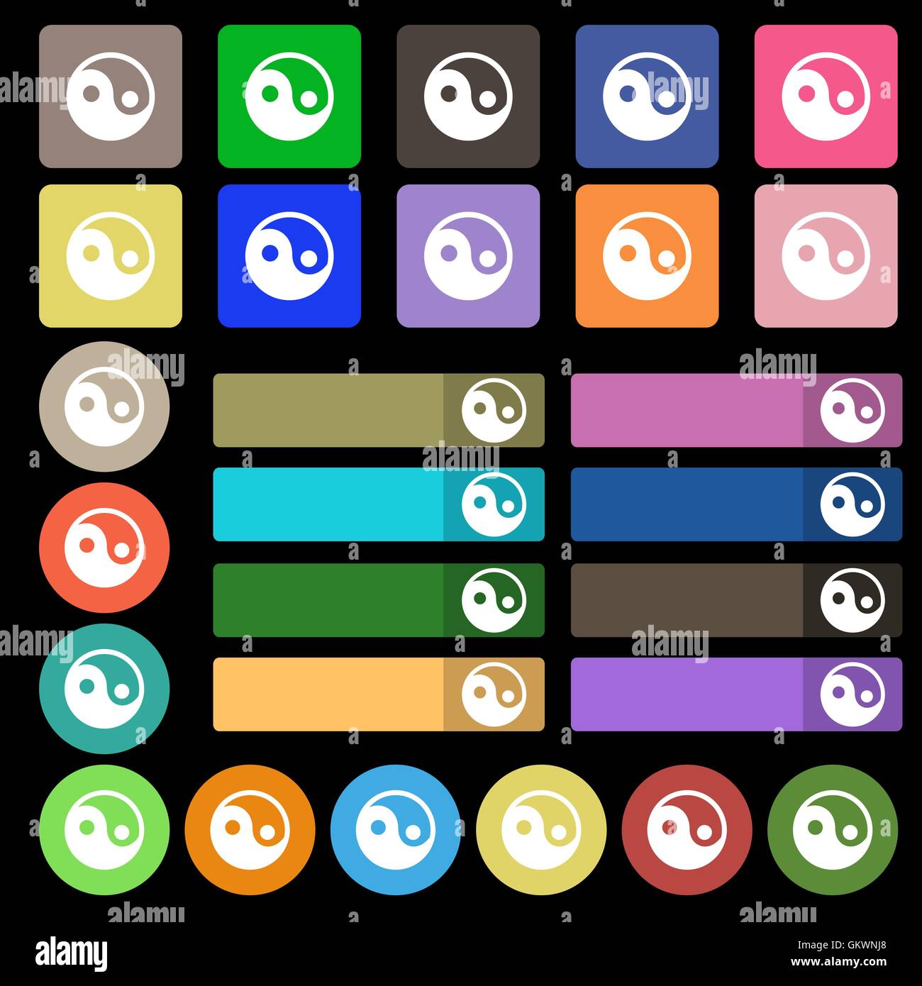 Ying yang segno icona. Set da venti sette multicolore pulsanti piana. Vettore Illustrazione Vettoriale
