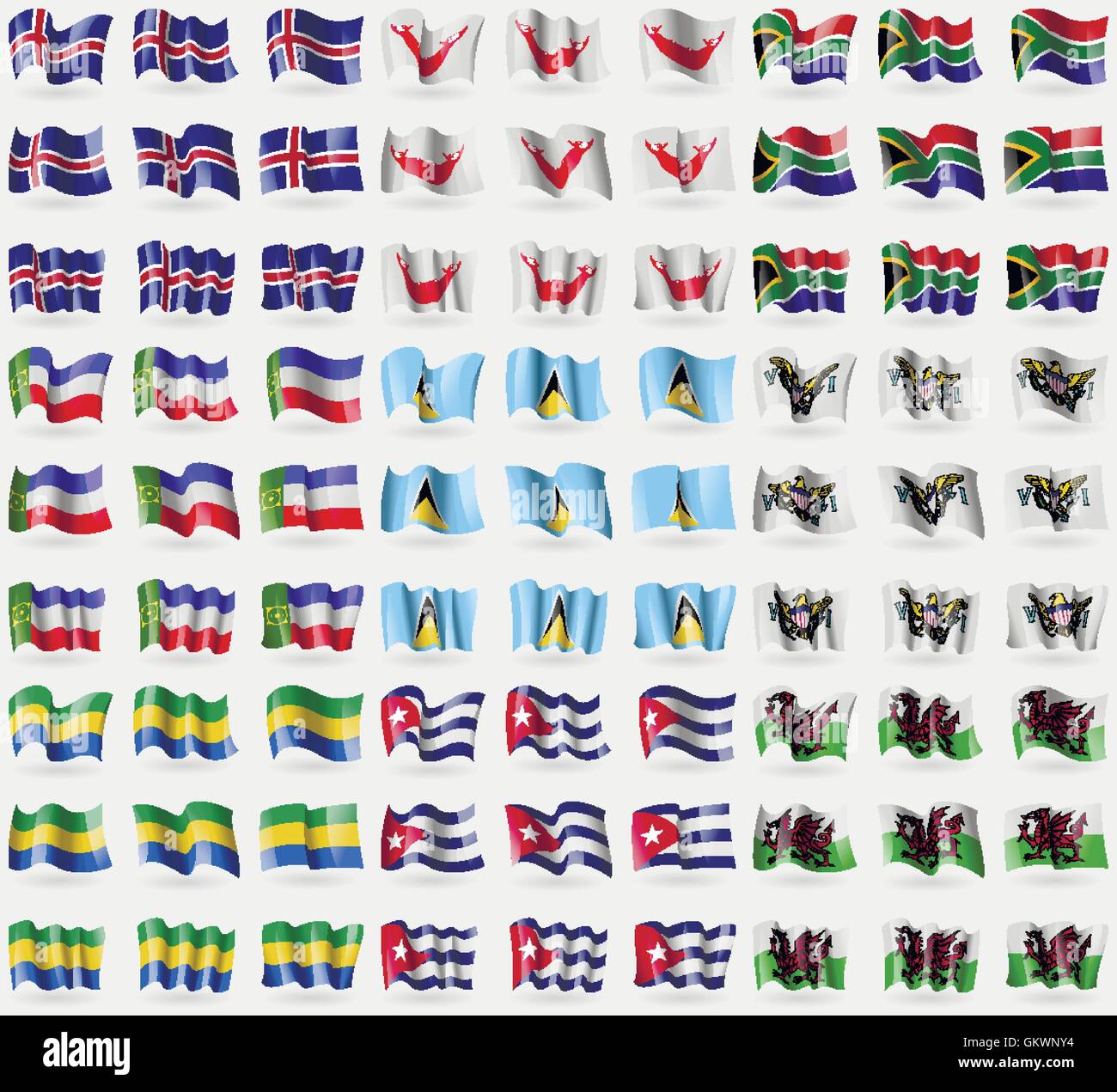 L'Islanda, Pasqua Rapa Nui, Sud Africa, Khakassia, Saint Lucia, VirginIslandsUS, Gabon, Cuba, il Galles. Grande set di 81 bandiere. Vettore Illustrazione Vettoriale