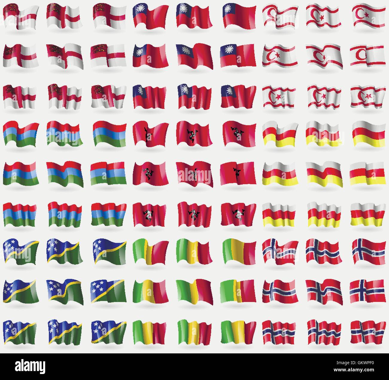 Sark, Taiwan, turca di Cipro del Nord, Carelia, Isola di Man, Ossezia del Nord, Isole Salomone, Mali, Norvegia. Grande set di 81 bandiere. V Illustrazione Vettoriale
