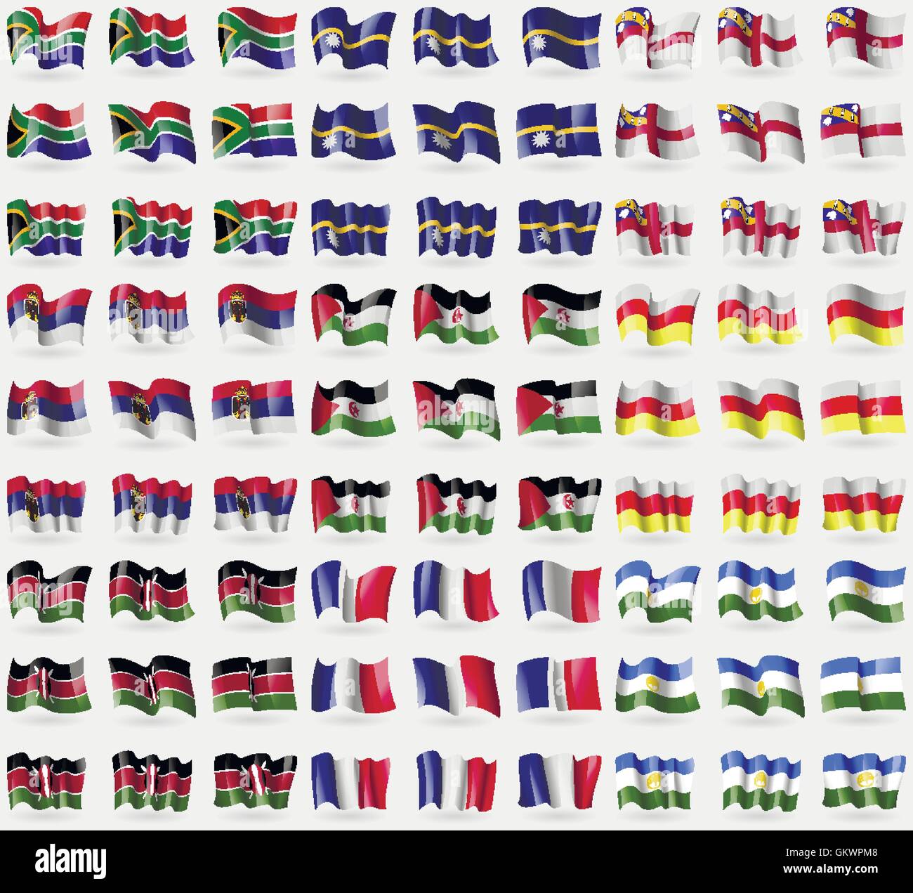 Sud Africa, Nauru, Herm, Serbia, Sahara Occidentale, Ossezia del Nord, Kenya, Francia, Bashkortostan. Grande set di 81 bandiere. Vettore Illustrazione Vettoriale