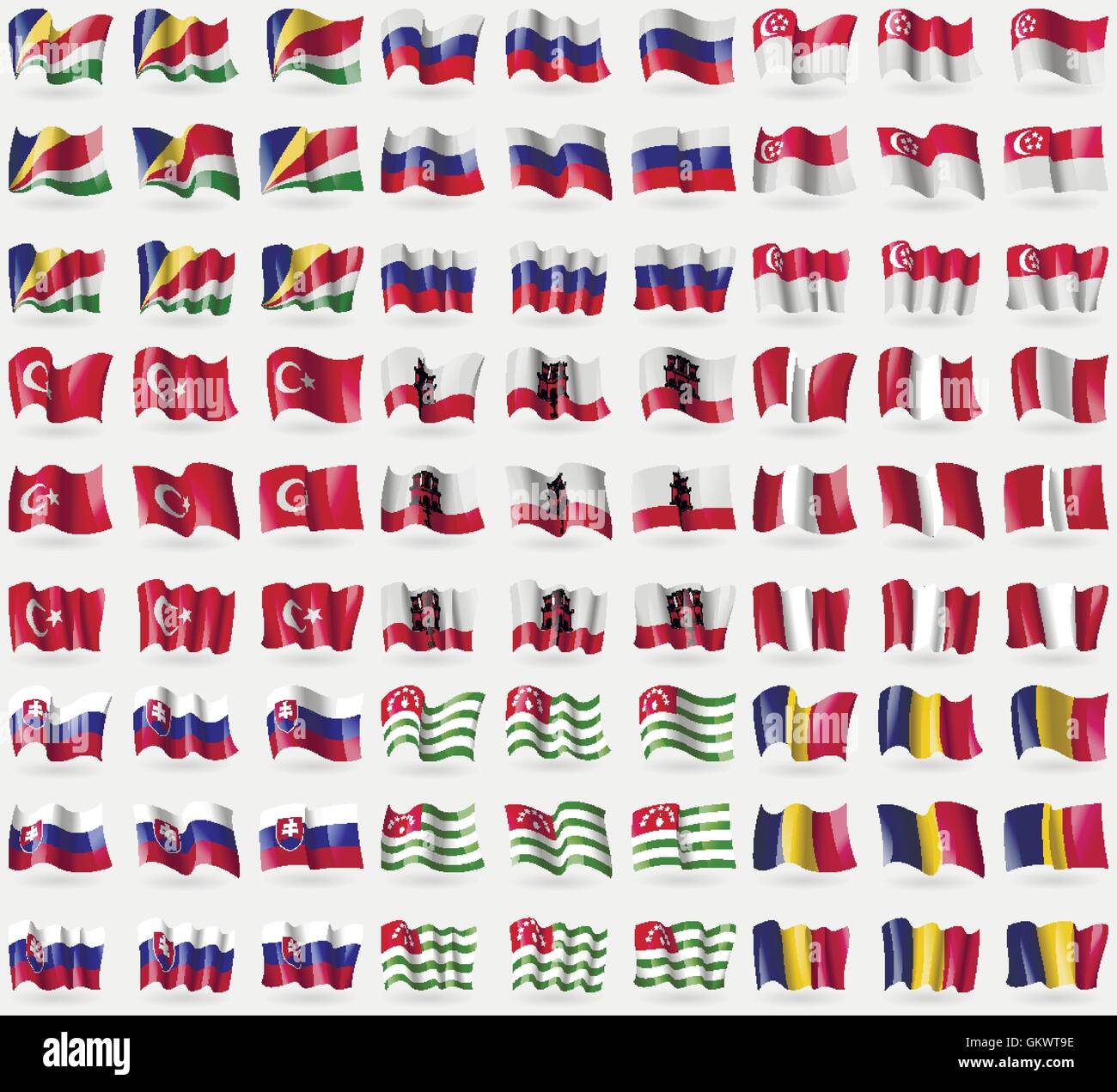 Seychelles, Russia, Singapore, Turchia, Gibilterra, Perù, Slovacchia, Abkhazia, Ciad. Grande set di 81 bandiere. Vettore Illustrazione Vettoriale