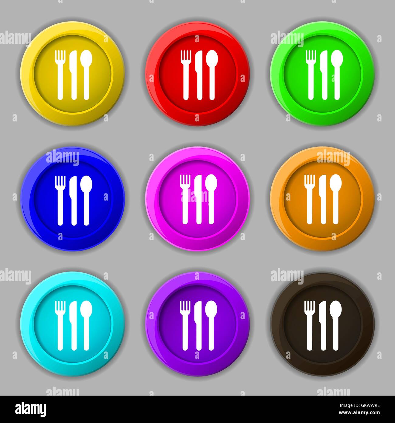 Forcella, coltelli, cucchiai icona segno. simbolo sul round nove pulsanti colorati. Vettore Illustrazione Vettoriale