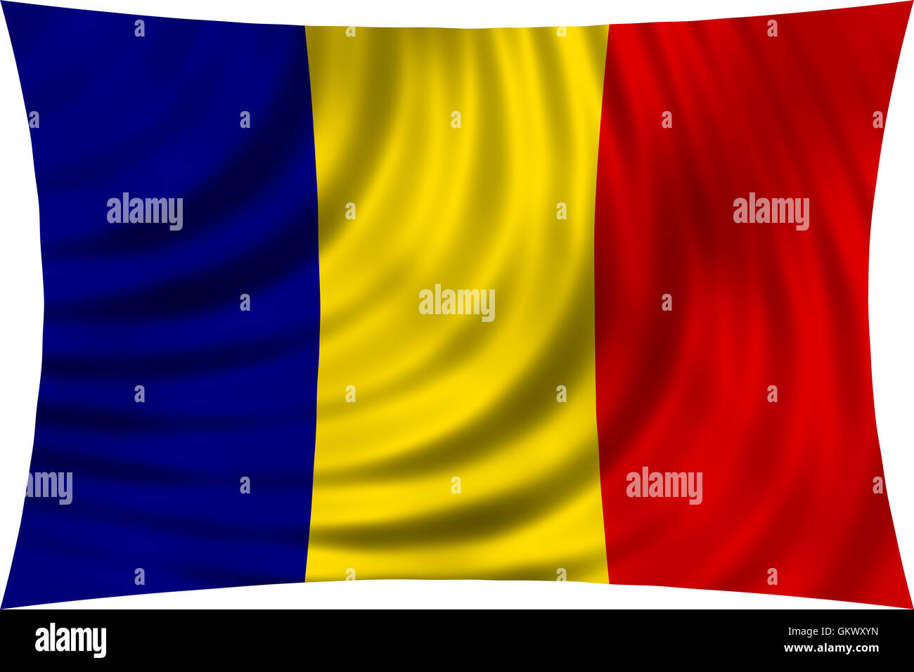 Bandiera della Romania sventolare nel vento isolati su sfondo bianco. Il rumeno bandiera nazionale. Patriottica design simbolico. 3d reso illu Foto Stock