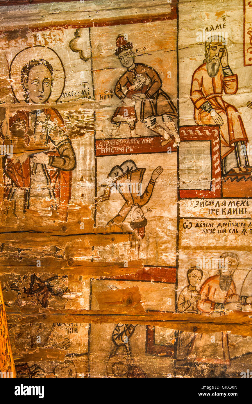 Pitture Murali a Saint Parascheva chiesa in Budesti Susani, chiesa di legno, nel villaggio di Budesti, regione Maramures, Romania Foto Stock