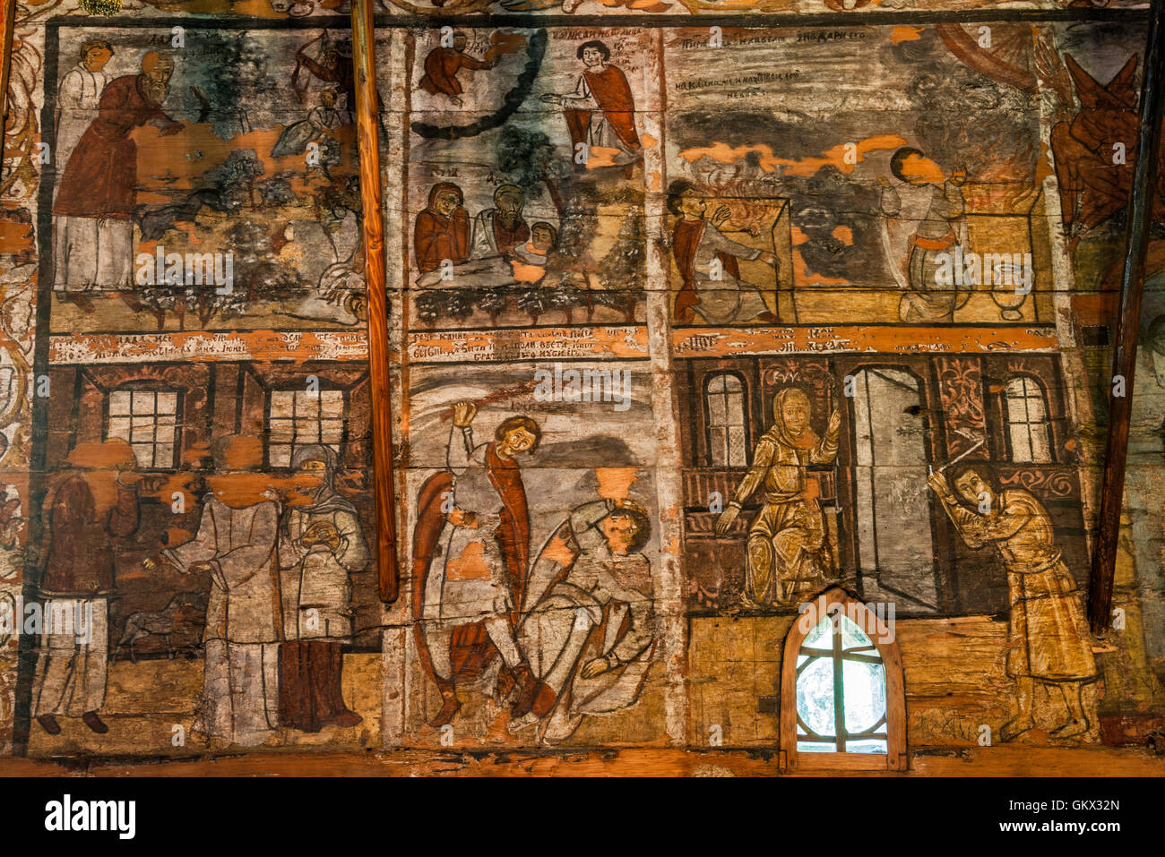 Pitture Murali presso la chiesa di San Nicola in Budesti Josani, Chiesa Ortodossa Romena, villaggio di Budesti, regione Maramures, Romania Foto Stock