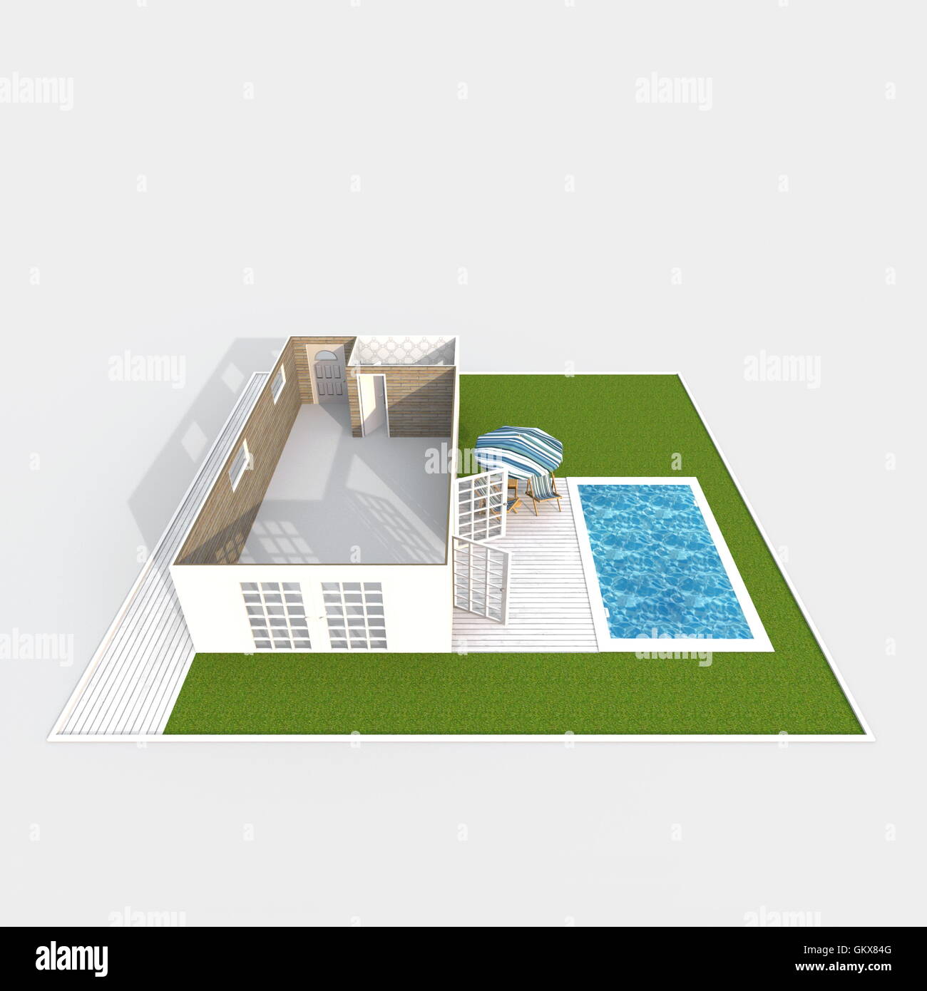 3D Interni rendering vista prospettica del vuoto bungalow home appartamento con giardino e piscina Foto Stock