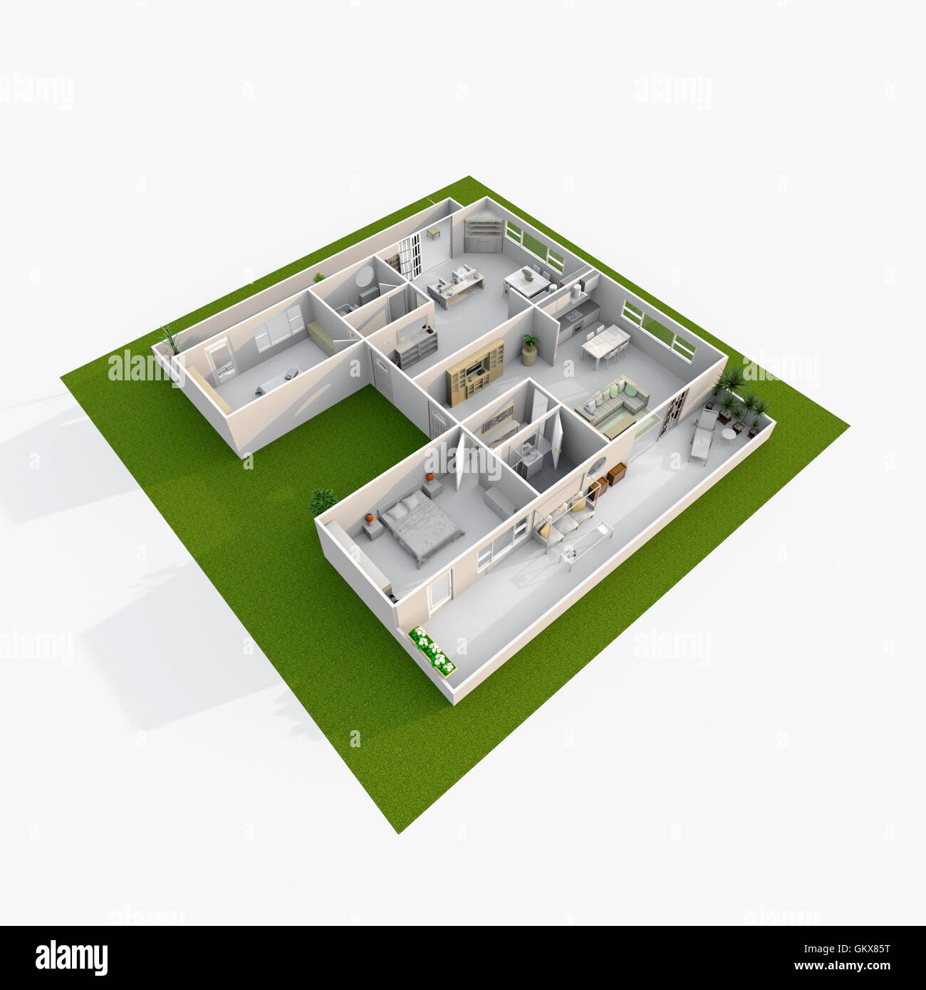 3D Interni rendering vista prospettica della casa arredato appartamento con giardino verde Foto Stock