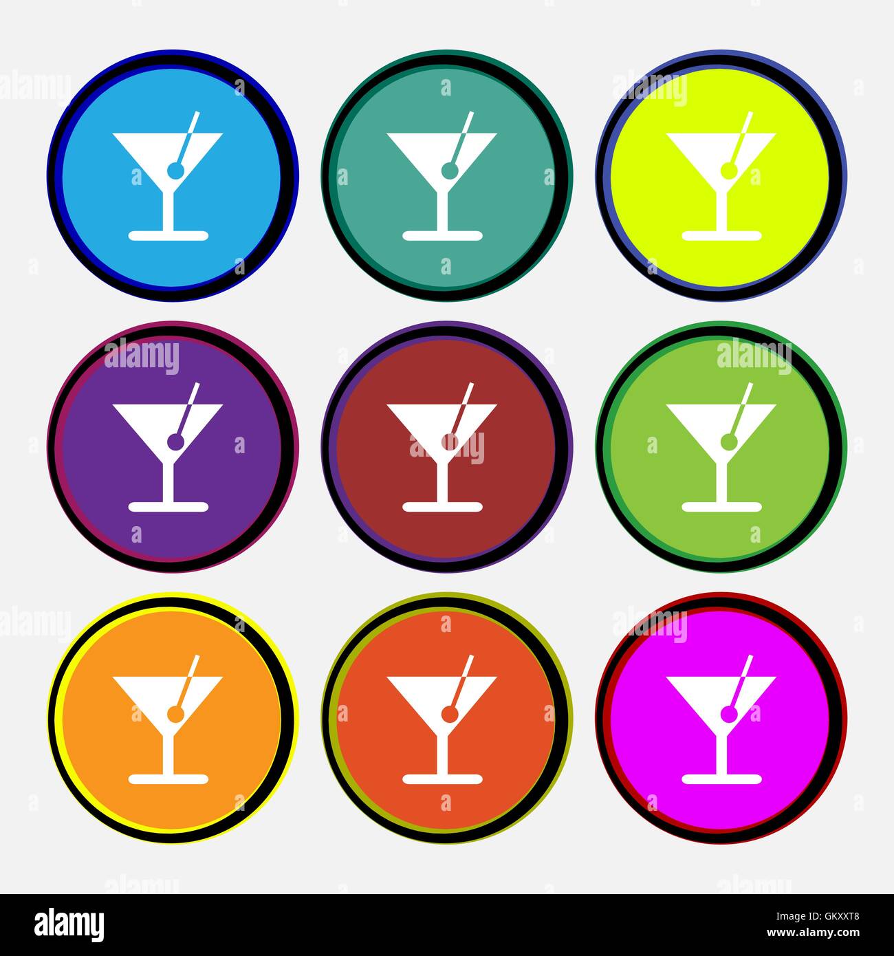 Icona di cocktail di segno. Nove multi colore pulsanti rotondi. Vettore Illustrazione Vettoriale
