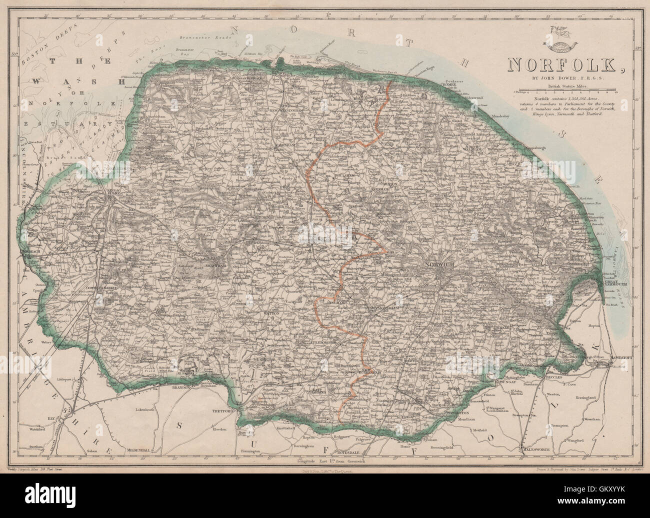 NORFOLK. County. Mostra ampia proposta di lavare la bonifica dei terreni. DOWER, 1863 Mappa Foto Stock