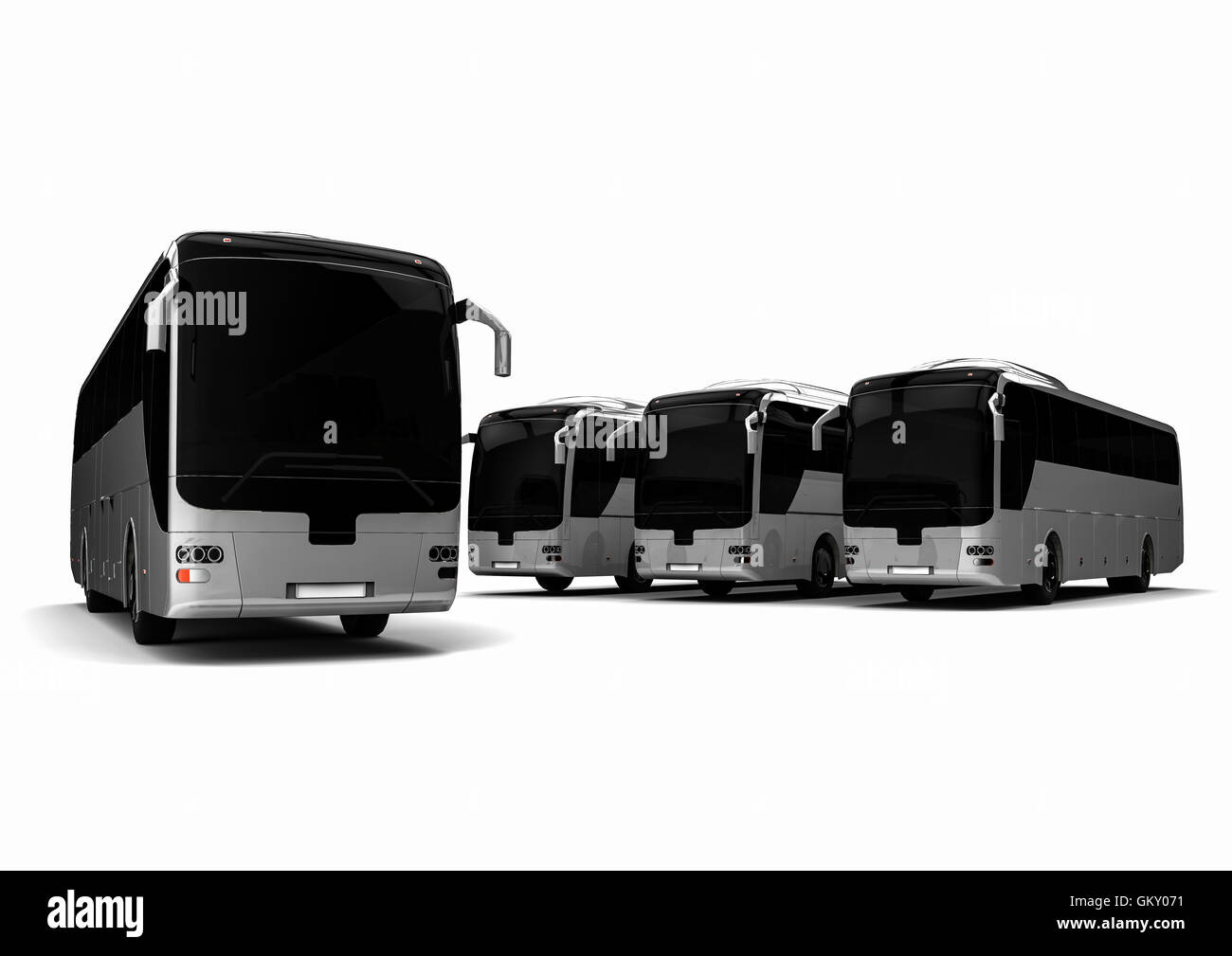 Rendering 3D che rappresenta una flotta di autobus/una flotta di autobus Foto Stock