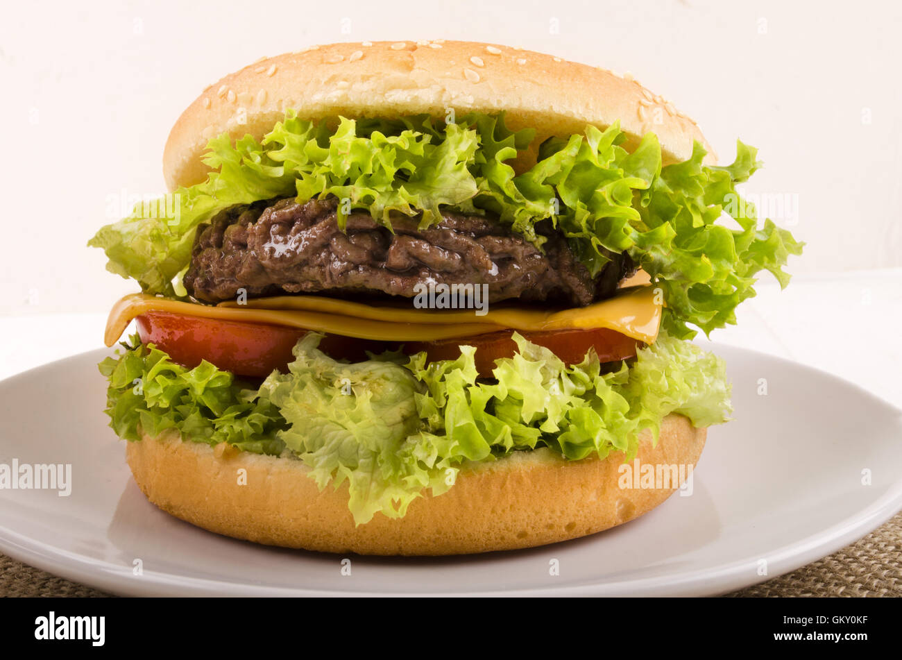 Fatto in casa hamburger di manzo, insalata di formaggio a fette e le fette di pomodoro su una piastra Foto Stock