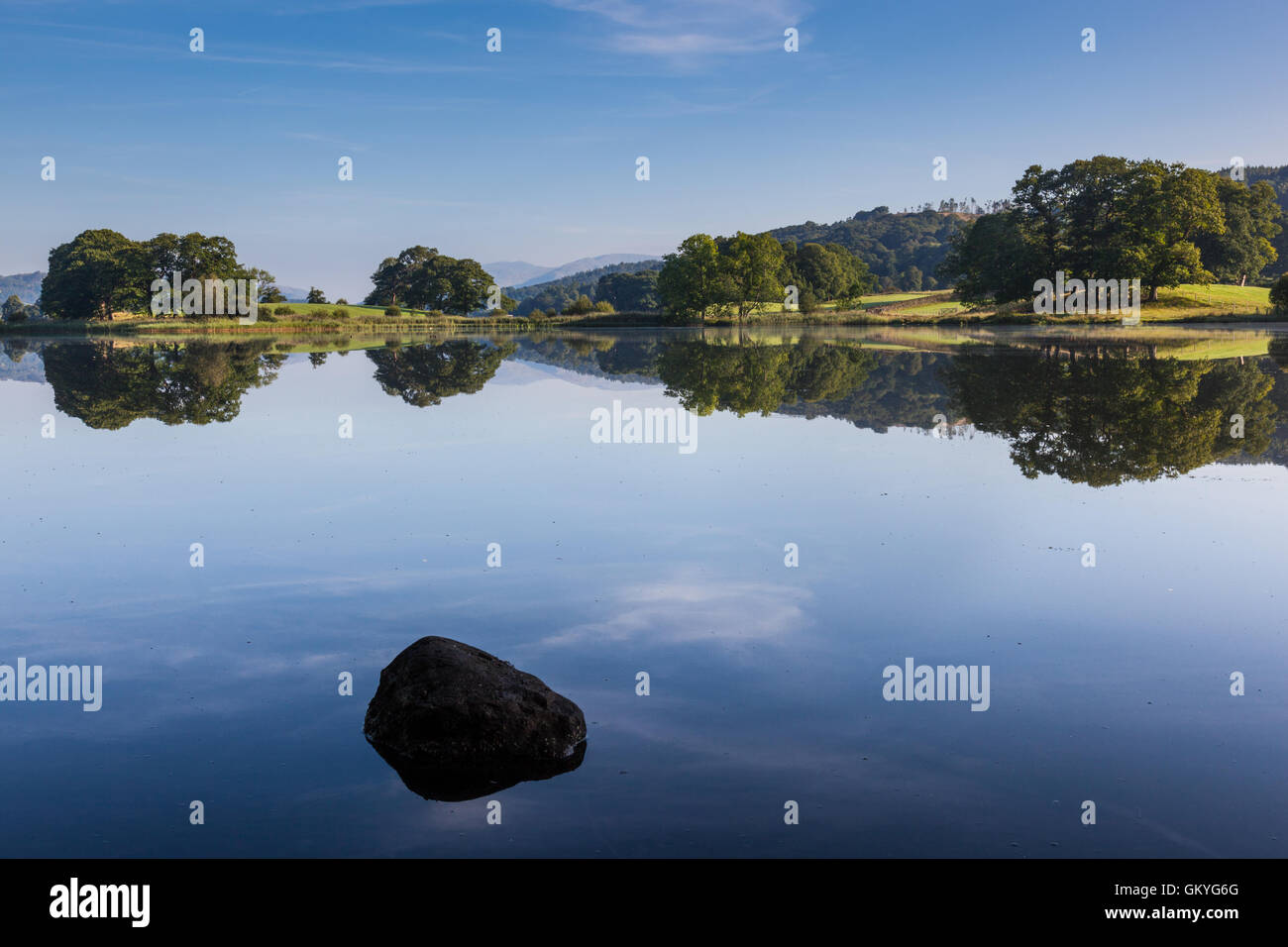 Riflessioni sulla Esthwaite acqua, vicino Near Sawrey, Lake District, Cumbria Foto Stock