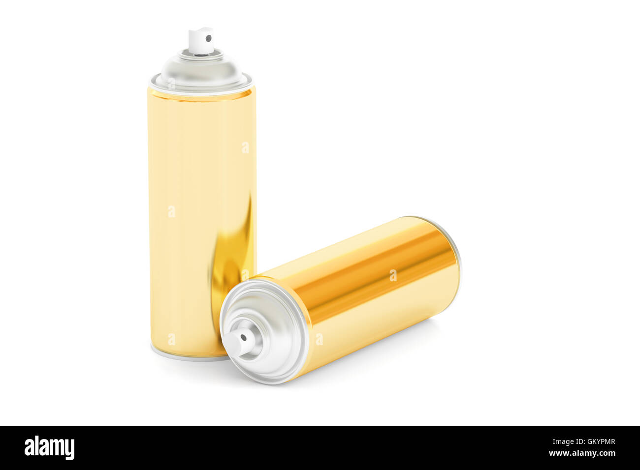 Golden bombolette spray, rendering 3D isolati su sfondo bianco Foto Stock