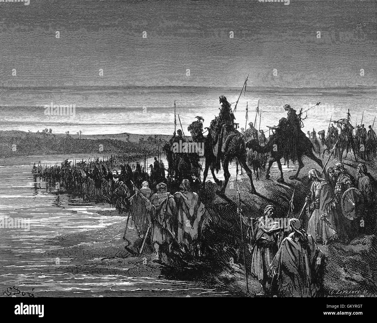 Incisione dei figli di Israele che attraversa la Giordania da Gustave Doré Foto Stock
