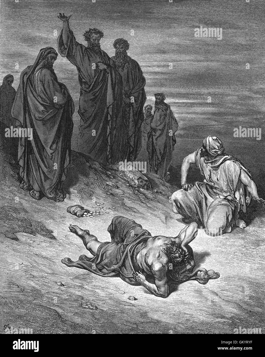 Incisione di morte di Ananius da Gustave Doré Foto Stock