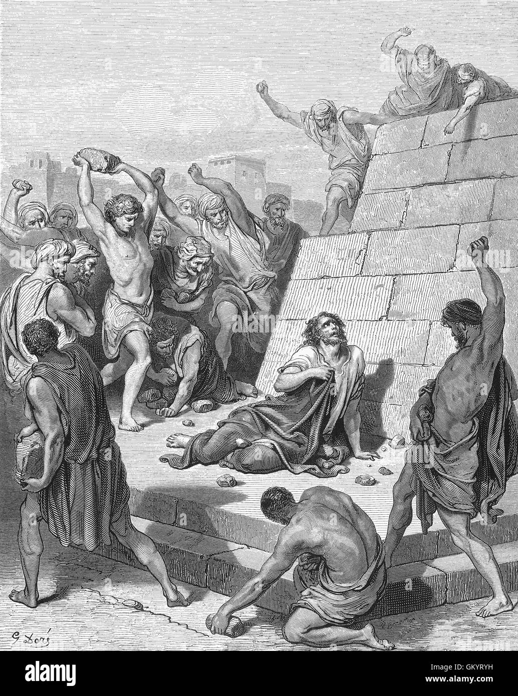 Incisione del martirio di Santo Stefano da Gustave Doré Foto Stock