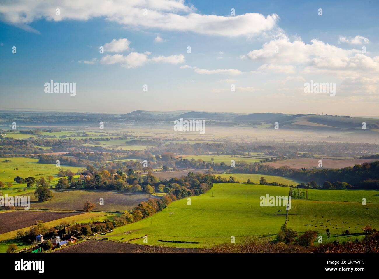 La nebbia e autunno cadono i colori dal South Downs Way Foto Stock