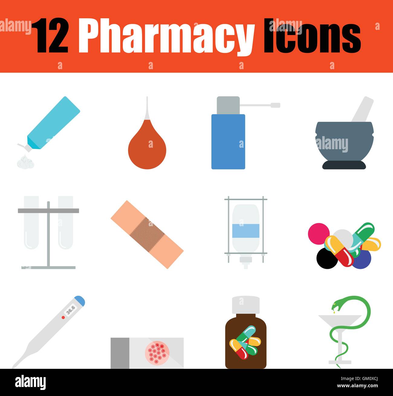 Farmacia icon set. Color design piatto. Illustrazione Vettoriale. Illustrazione Vettoriale