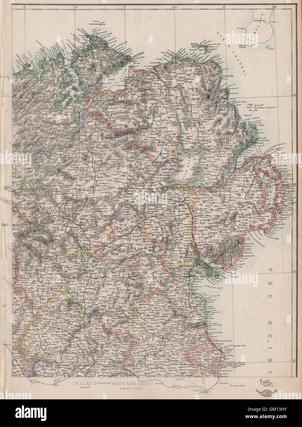 Irlanda del Nord Est. Ulster. Le ferrovie. EDWARD WELLER. Spedizione atlas, 1863 Mappa Foto Stock