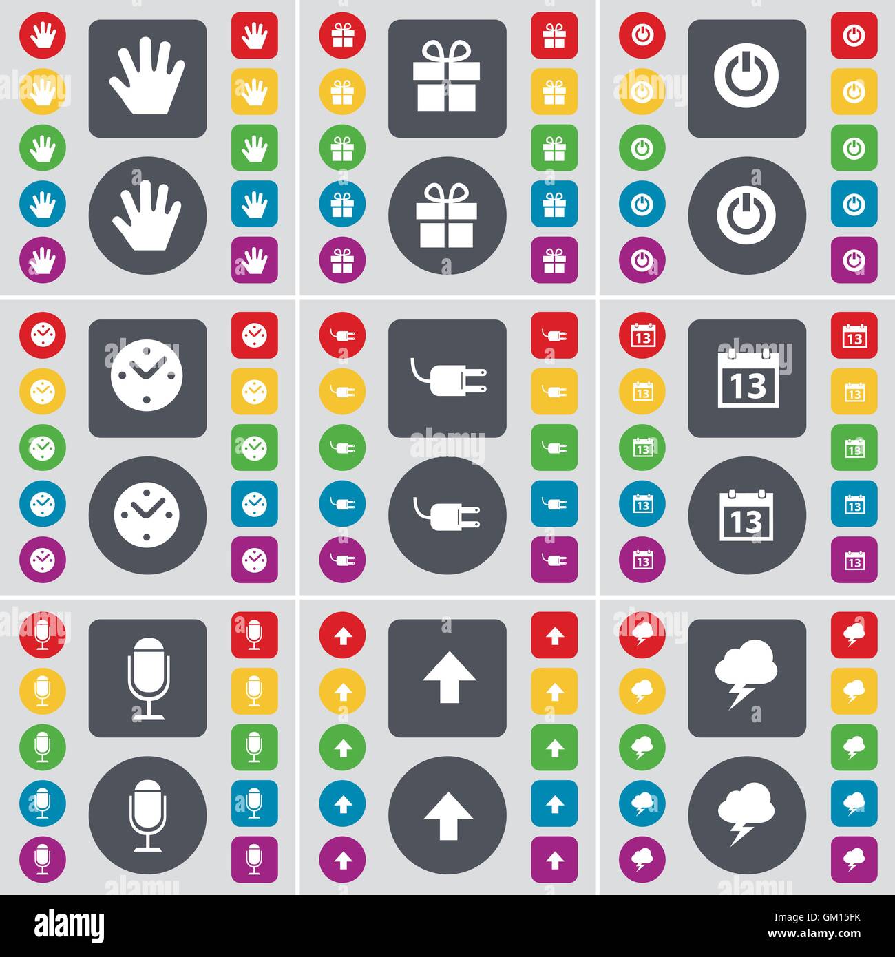 Mano, dono, Potenza, orologio, Socket, Calendario, microfono, Freccia su, fulmine icona simbolo. Un grande insieme di Piana, pulsanti colorati fo Illustrazione Vettoriale