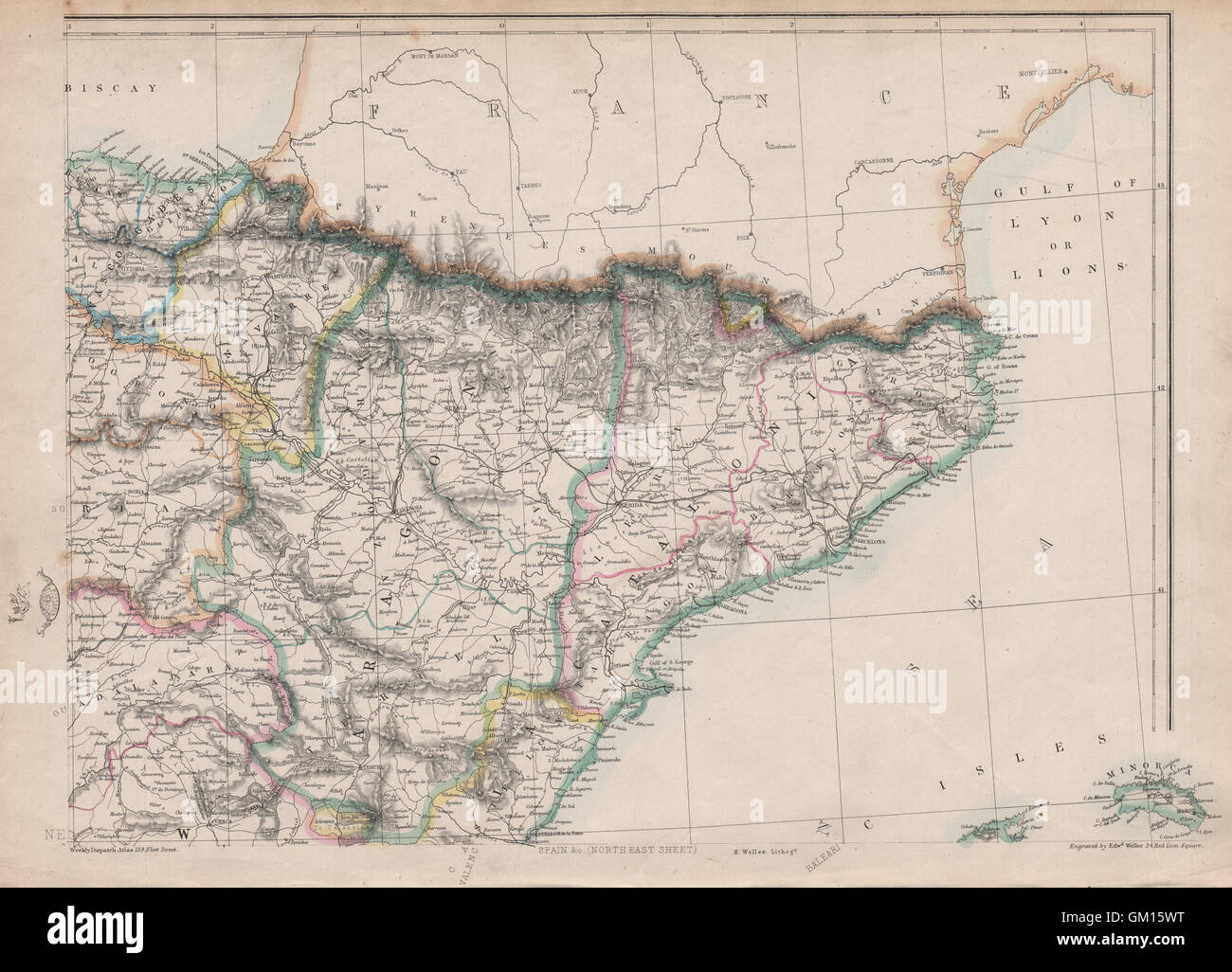 La Spagna ne. Catalonia Aragon Navarra. Barcelona-Zaragoza ferrovia. WELLER, 1863 Mappa Foto Stock