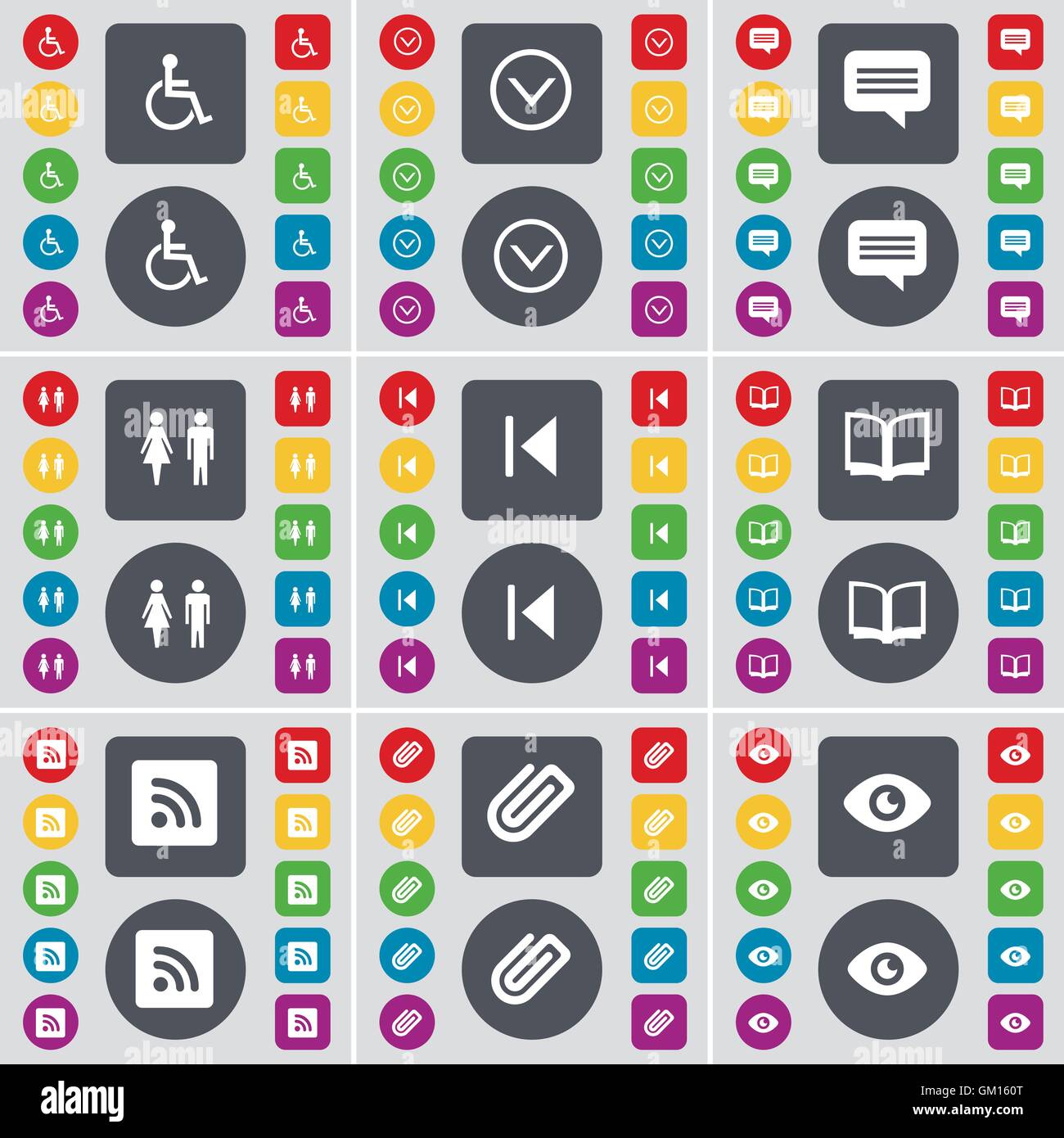 La persona disabile, Freccia giù, Chat bolla, Silhouette, Media saltare, Libro, RSS, Clip, visione icona simbolo. Un grande insieme di Piana, pulsanti colorati per il vostro design. Vettore Illustrazione Vettoriale