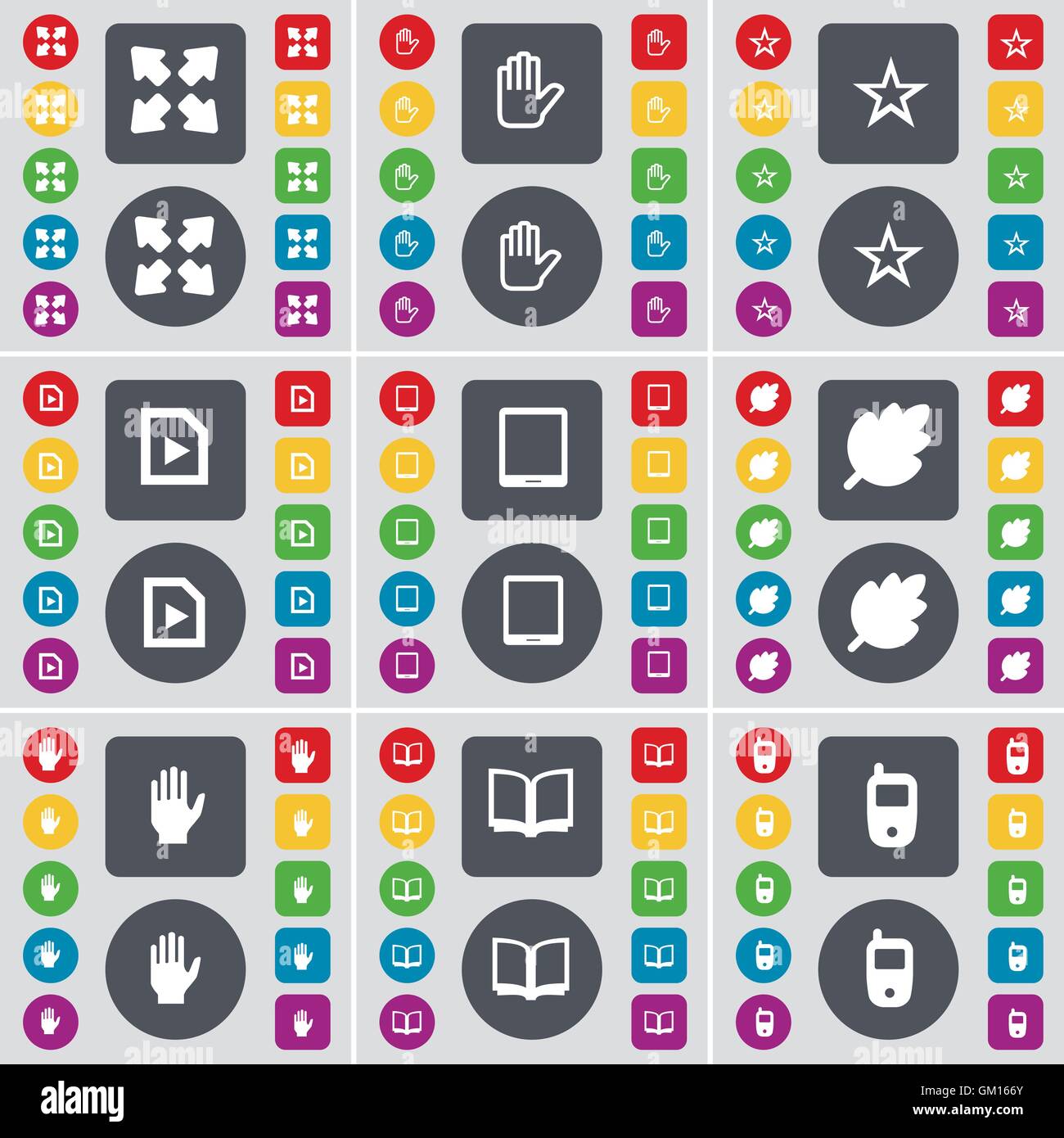 Schermo intero, canto, stella, file multimediali, Tablet PC, Leaf, mano, Libro, telefono cellulare icona simbolo. Un grande insieme di Piana, pulsanti colorati Illustrazione Vettoriale