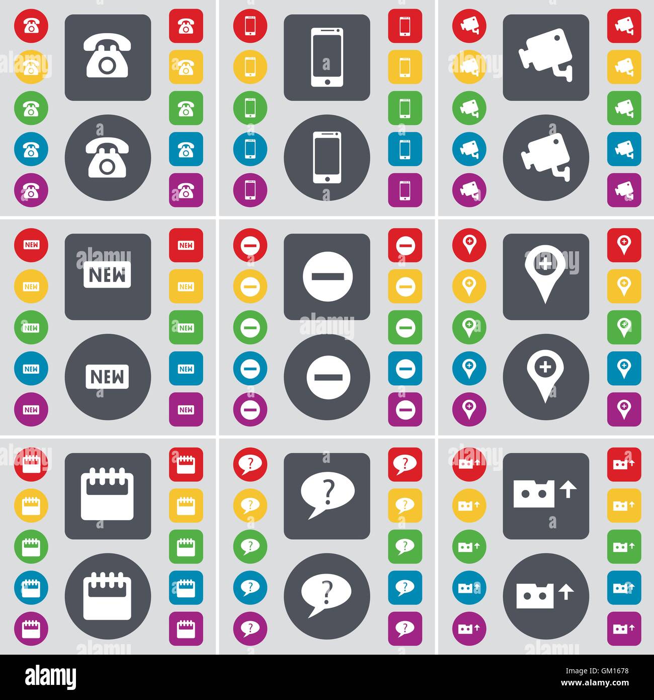 Retrophone, Smartphone, TVCC, nuova, meno, Checkpoint, Calendario, Chat bubble, cassetta icona simbolo. Un grande insieme di Piana, colorati Illustrazione Vettoriale