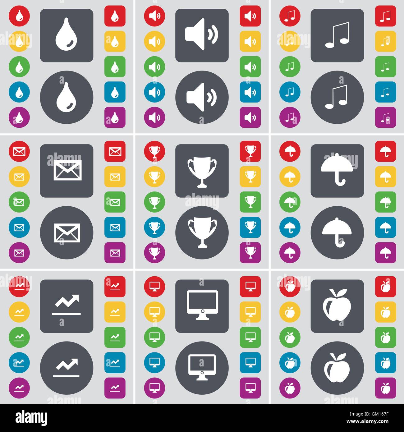 Drop, suono, nota, Messaggio, Cup, ombrello, Grafico, Monitor Apple icona simbolo. Un grande insieme di Piana, pulsanti colorati per il vostro design. Vettore Illustrazione Vettoriale
