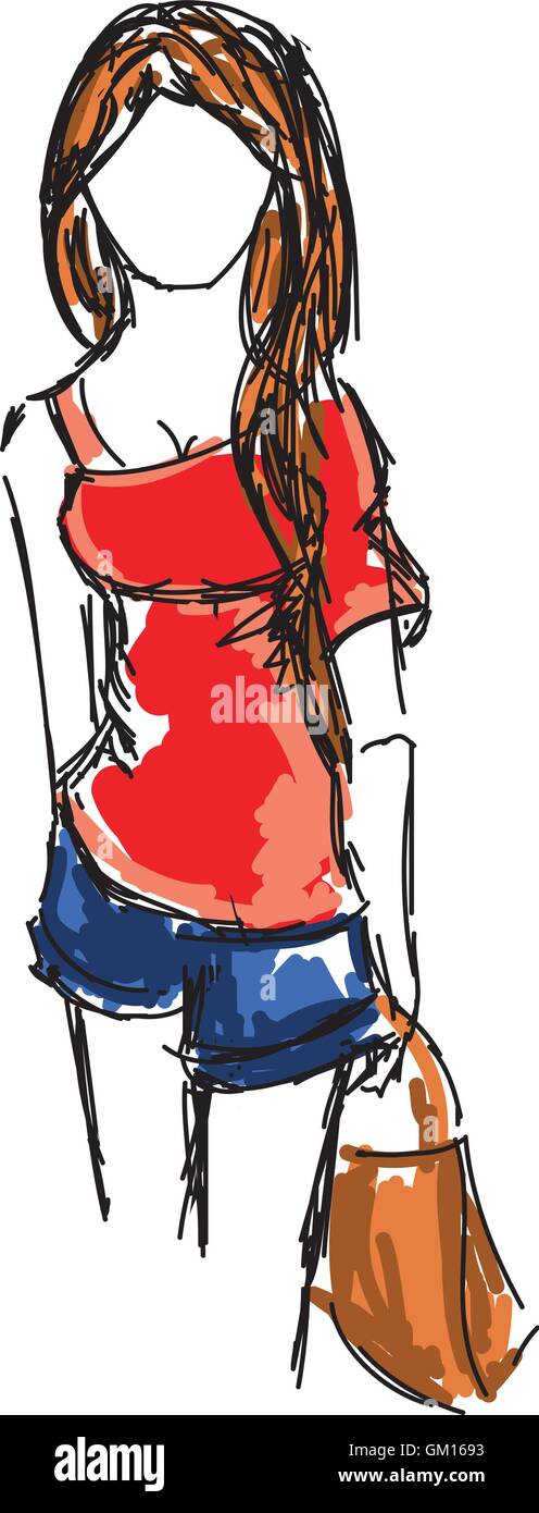 Colorato disegnato giovane ragazza in pantaloncini corti Illustrazione Vettoriale