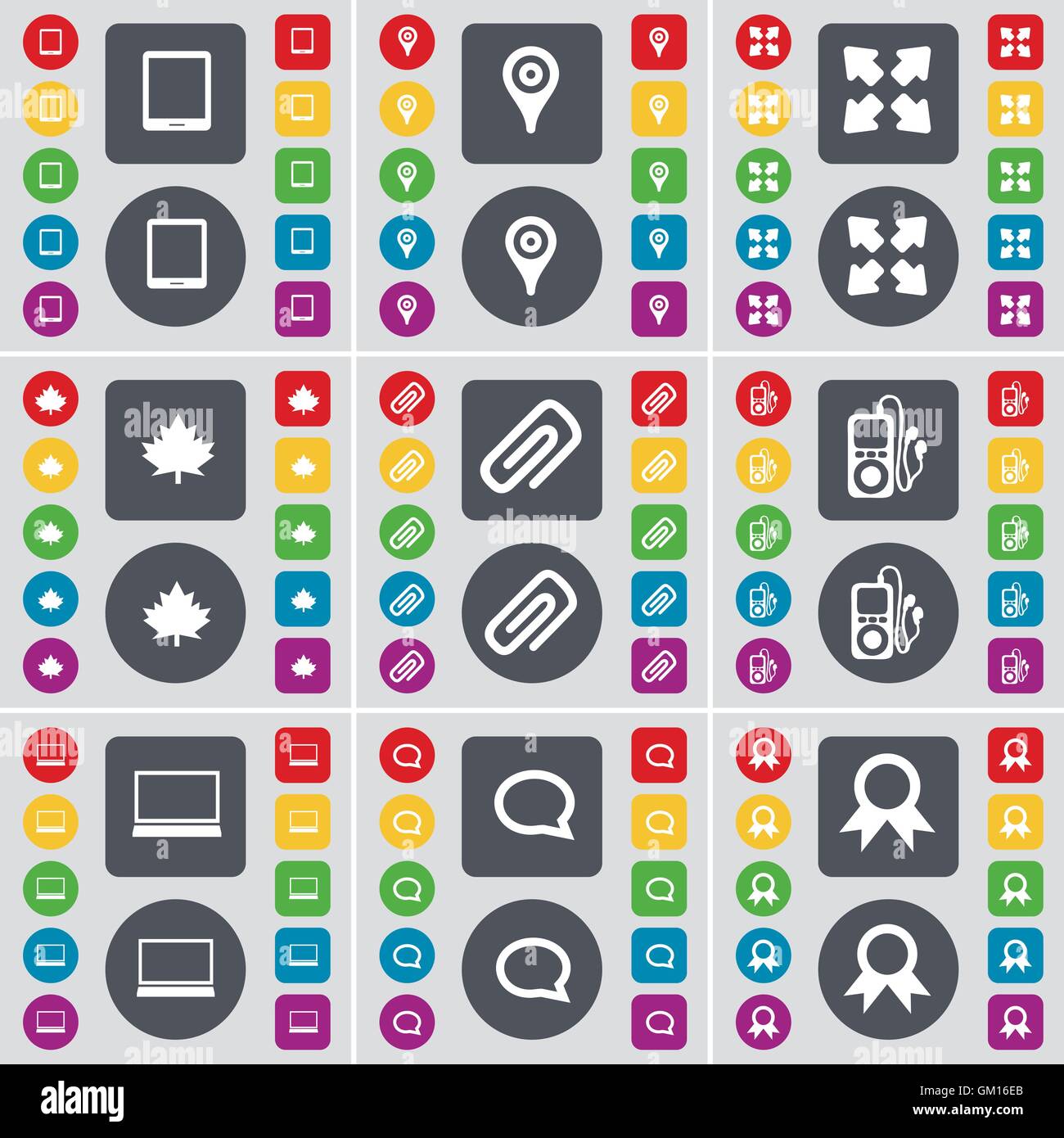 Tablet PC, Checkpoint, a schermo intero, Maple Leaf, Clip, lettore MP3, computer portatile, Chat bubble, medaglia icona simbolo. Un grande insieme di piatto, c Illustrazione Vettoriale