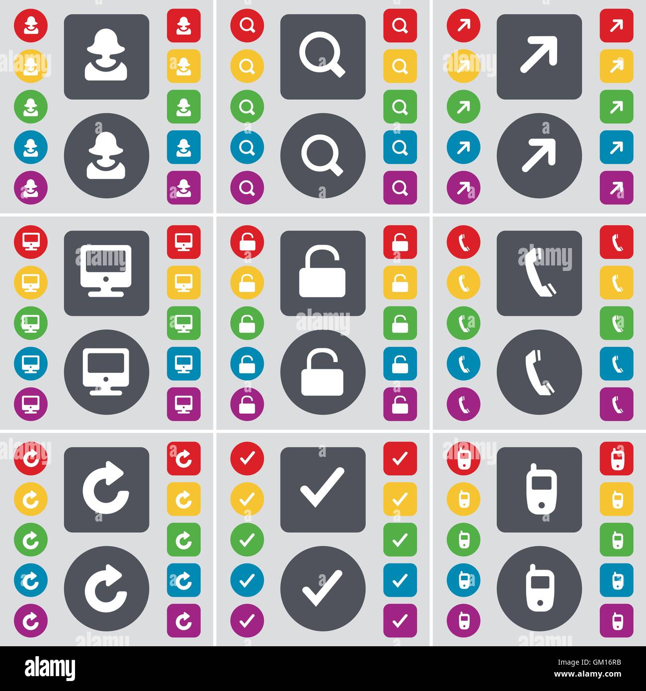 Avatar, lente di ingrandimento, pieno schermo, Monitor, bloccare, ricevitore, ricaricare Tick, telefono cellulare icona simbolo. Un grande insieme di Piana, col Illustrazione Vettoriale