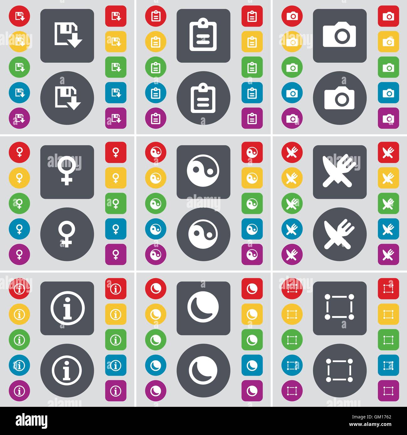 Floppy, indagine, fotocamera, simbolo di Venere, Yin-Yang, forchetta e coltello, informazioni, Luna, telaio icona simbolo. Un grande insieme di Piana, colore Illustrazione Vettoriale