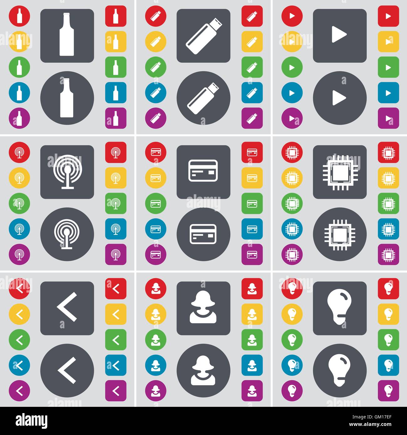 Bottiglia, USB, la riproduzione di file multimediali, Wifi, carta di credito, processore, Freccia sinistra, avatar, icona della lampadina simbolo. Un grande insieme di Piana, colorati Illustrazione Vettoriale