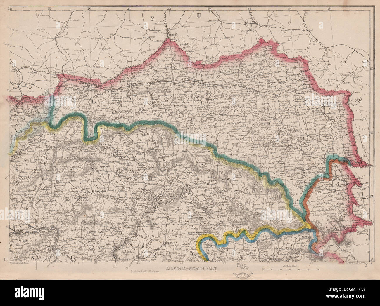 Impero austriaco a nord-est. La Galizia Budapest Cracovia Lemberg. DOWER, 1863 Mappa Foto Stock