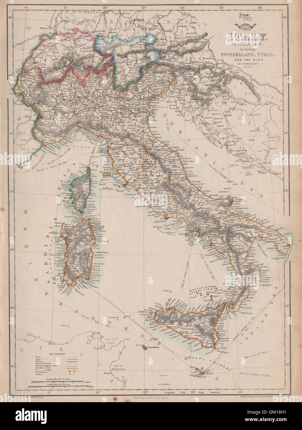 Italia Svizzera Alto Adige alpi. Unificazione Italiana.DOWER.spedizione atlas, 1863 Mappa Foto Stock