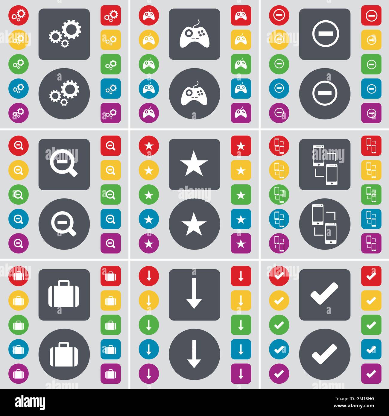 Ingranaggio, gamepad, meno, lente di ingrandimento, stella, collegamento, valigia, Freccia giù, selezionare icona simbolo. Un grande insieme di Piana, colorata b Illustrazione Vettoriale