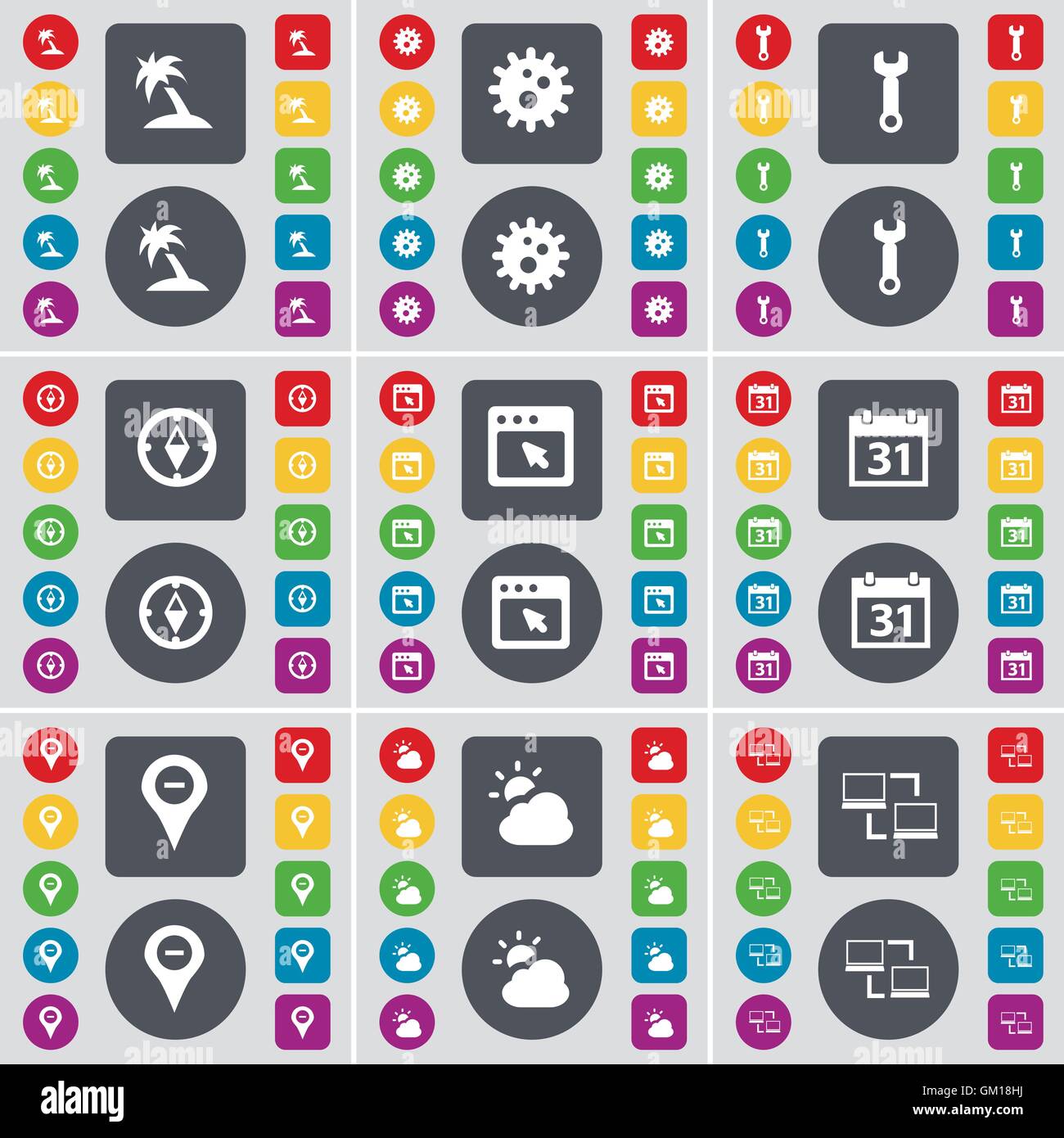 Palm, ingranaggio, Chiave, bussola, finestra, Calendario, Checkpoint, Cloud, Collegamento icona simbolo. Un grande insieme di Piana, pulsanti colorati per il vostro design. Vettore Illustrazione Vettoriale