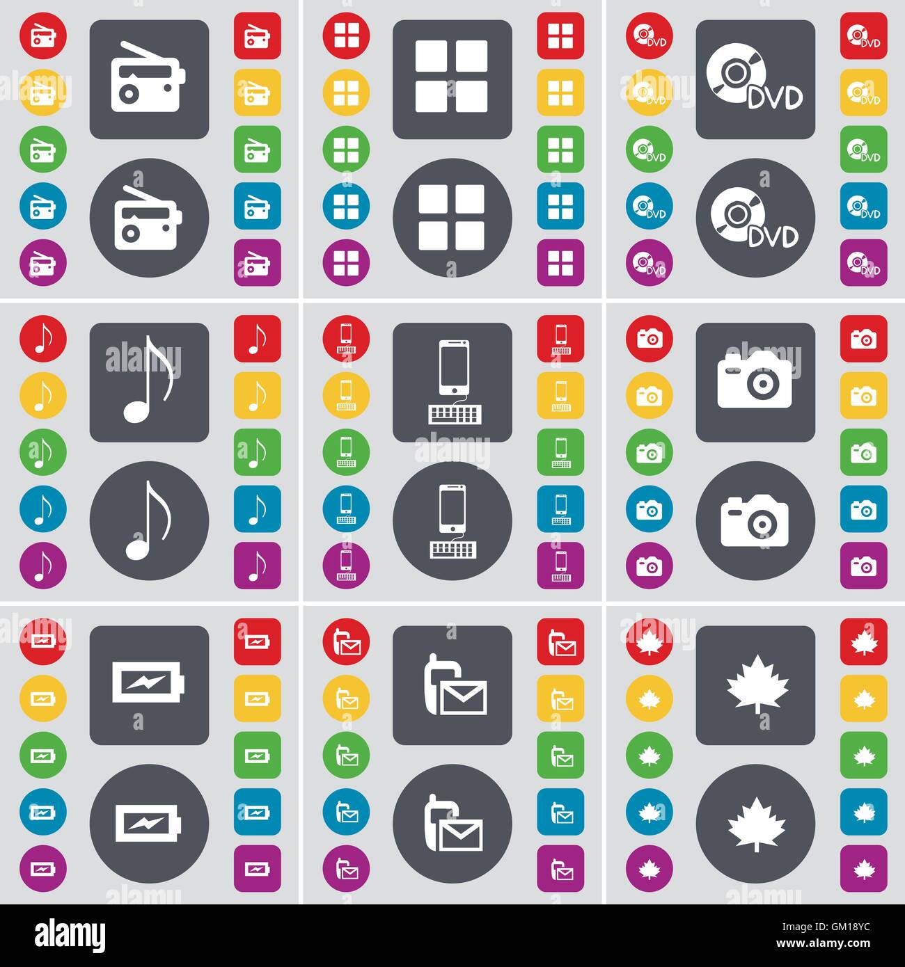 Radio, app, DVD, nota, Smartphone, fotocamera, carica, SMS, acero icona simbolo. Un grande insieme di Piana, pulsanti colorati per il vostro desi Illustrazione Vettoriale